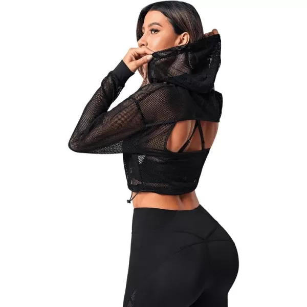 SweatyRocks Women's Activewear Long Sleeve Hollow Out Drawstring Hooded Sweatshirt Sports Crop Top