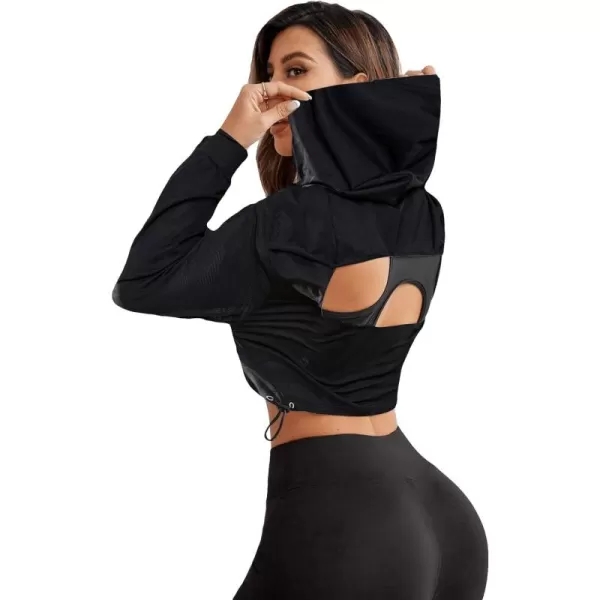 SweatyRocks Women's Activewear Long Sleeve Hollow Out Drawstring Hooded Sweatshirt Sports Crop Top
