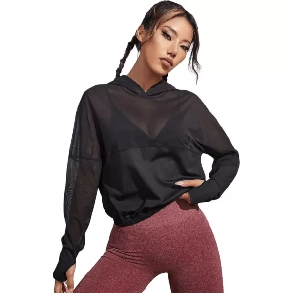 SweatyRocks Women's Activewear Long Sleeve Hooded Sweatshirt Sheer Mesh Running Workout Sports Top