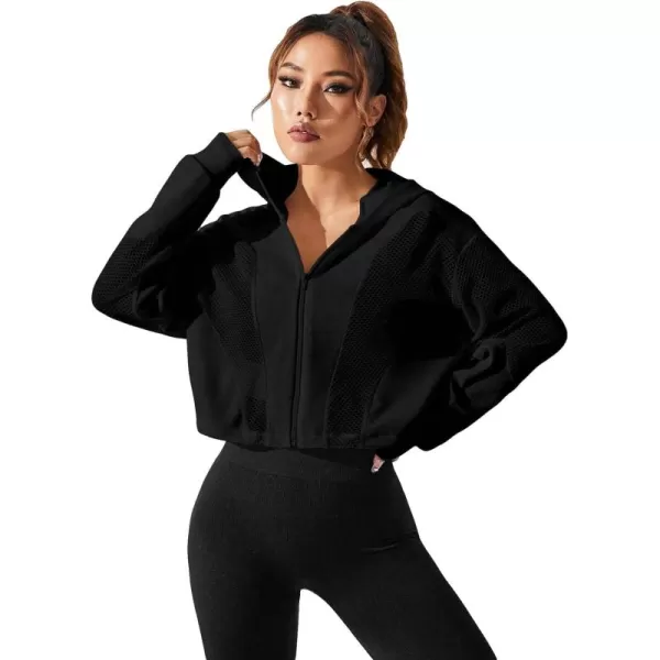 SweatyRocks Women's Activewear Long Sleeve Sheer Mesh Hooded Full Zip Sports Track Jacket