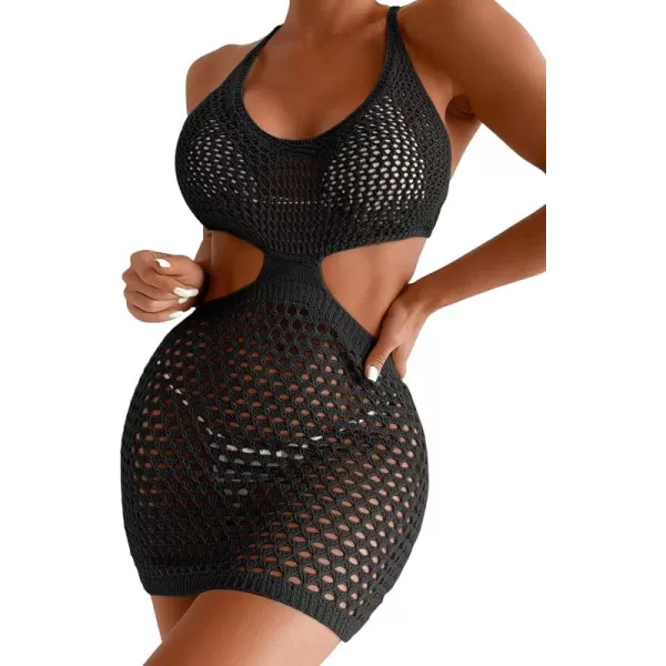 SweatyRocks Women's Backless Halter Dress Hollow Out Knit Beach Dresses Bathing Suit Cover Up