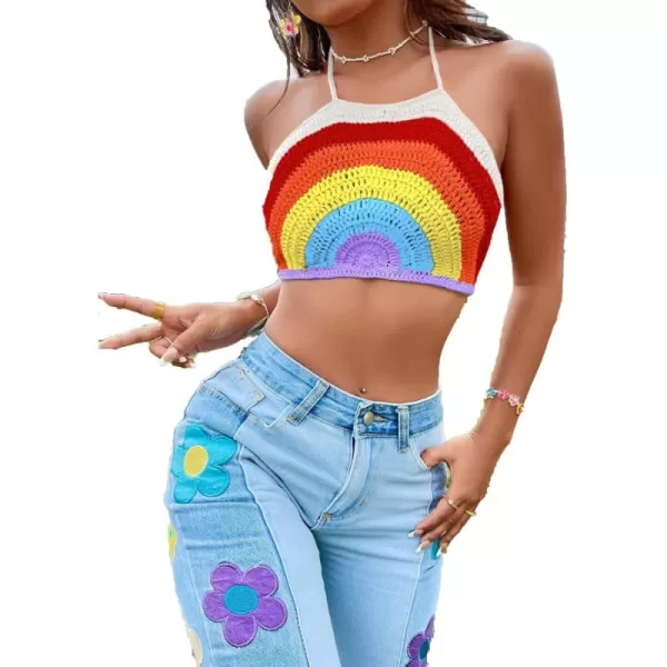 SweatyRocks Women's Backless Rainbow Striped Halter Tie Back Tops Sleeveless Knit Crop Top