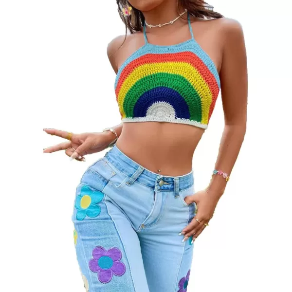 SweatyRocks Women's Backless Rainbow Striped Halter Tie Back Tops Sleeveless Knit Crop Top