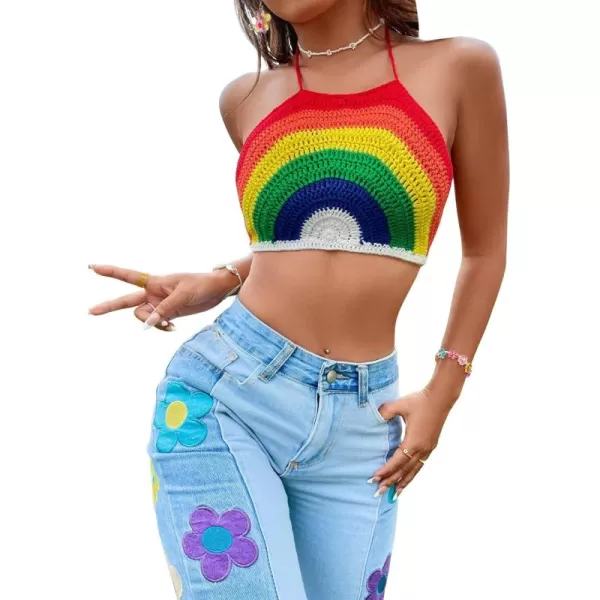 SweatyRocks Women's Backless Rainbow Striped Halter Tie Back Tops Sleeveless Knit Crop Top