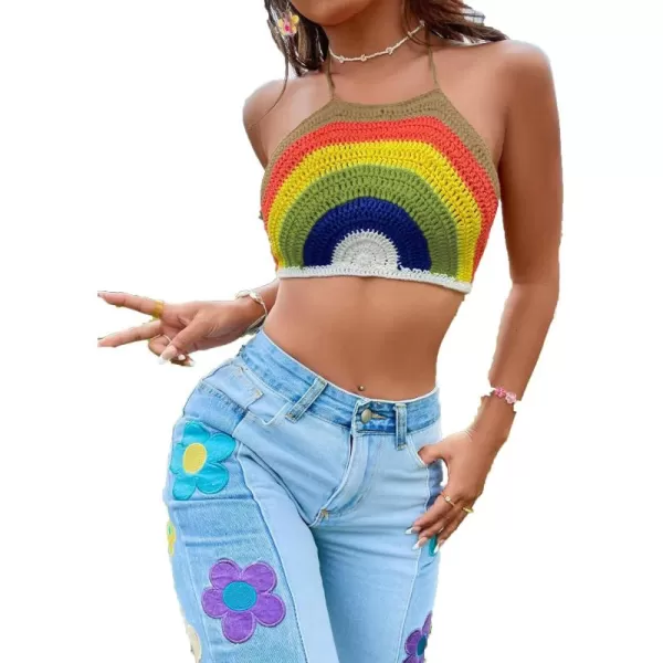 SweatyRocks Women's Backless Rainbow Striped Halter Tie Back Tops Sleeveless Knit Crop Top