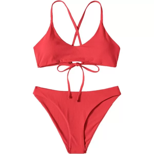 SweatyRocks Women's Bathing Suits Spaghetti Strap Criss Cross Back Bikini Ribbed Swimsuit