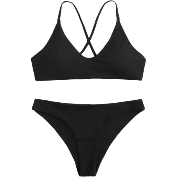 SweatyRocks Women's Bathing Suits Spaghetti Strap Criss Cross Back Bikini Ribbed Swimsuit