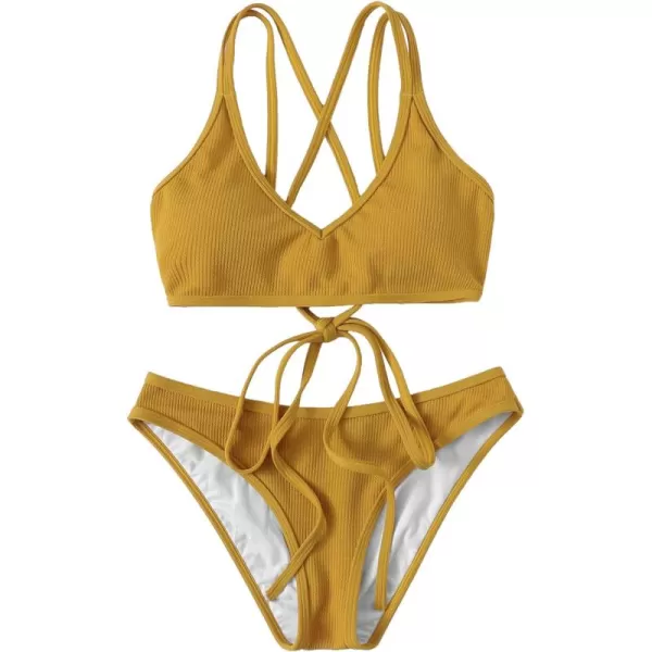 SweatyRocks Women's Bathing Suits Spaghetti Strap Criss Cross Back Bikini Ribbed Swimsuit
