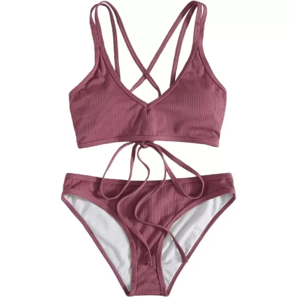 SweatyRocks Women's Bathing Suits Spaghetti Strap Criss Cross Back Bikini Ribbed Swimsuit