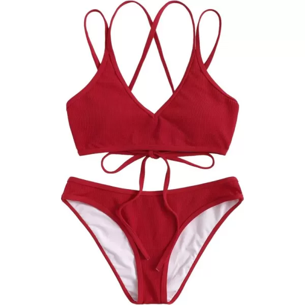 SweatyRocks Women's Bathing Suits Spaghetti Strap Criss Cross Back Bikini Ribbed Swimsuit