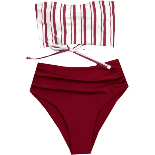 SweatyRocks Women's Bathing Suits Striped Bandeau Bikini high Waisted Swimsuits Swimwear Set