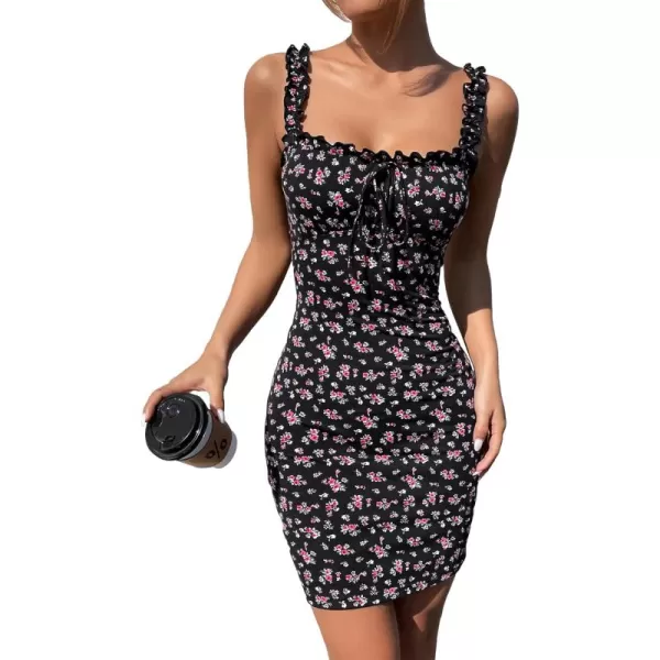 SweatyRocks Women's Boho Floral Print Tie Shoulder Cami Mini Dress A Line Ruffle Hem Short Dresses