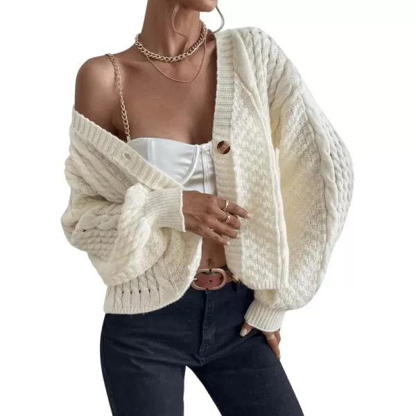 SweatyRocks Women's Cable Knit Long Sleeve V Neck Cardigan Drop Shoulder Button Front Sweater
