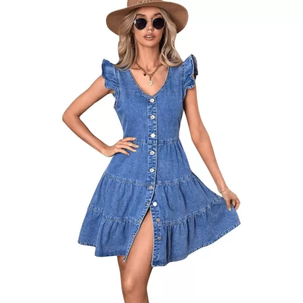 SweatyRocks Women's Cap Sleeve V Neck Button Front Dress A Line Ruffle Hem Denim Short Dresses