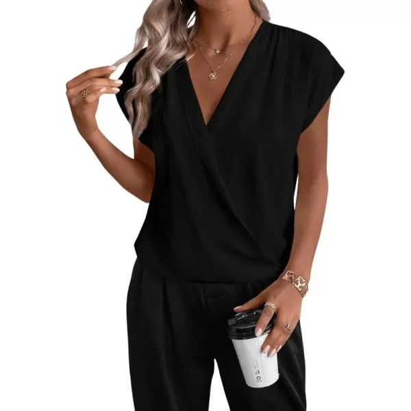 SweatyRocks Women's Cap Sleeve V Neck Wrap Top Casual Solid Pleated Pullover Blouse Shirt