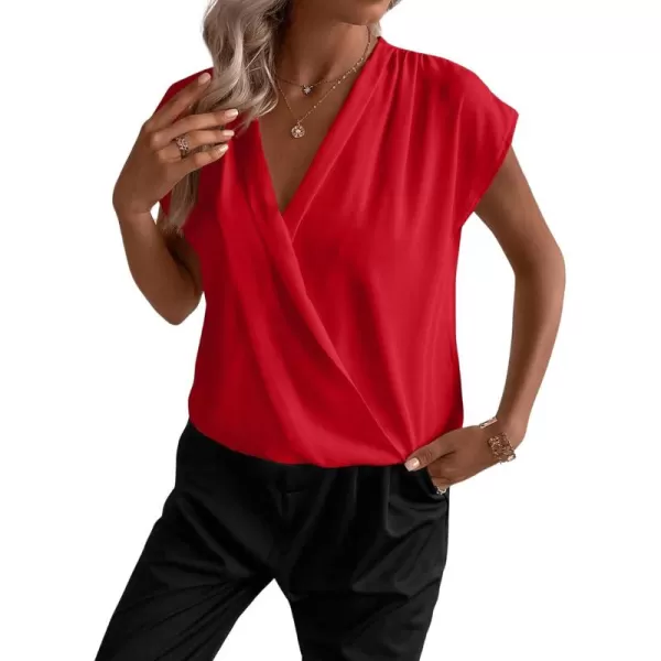 SweatyRocks Women's Cap Sleeve V Neck Wrap Top Casual Solid Pleated Pullover Blouse Shirt