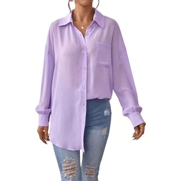 SweatyRocks Women's Casual Chiffon Sheer Blouse Bishop Sleeve Collar Button Down Loose Shirts Tops