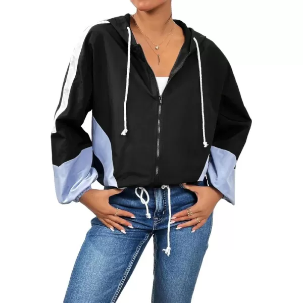 SweatyRocks Women's Casual Color Block Drawstring Hooded Windbreaker Jacket