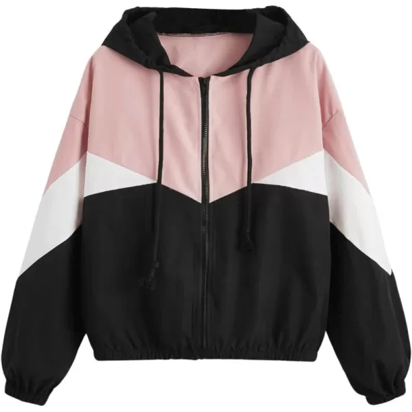 SweatyRocks Women's Casual Color Block Drawstring Hooded Windbreaker Jacket