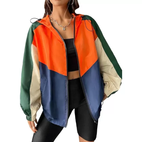 SweatyRocks Women's Casual Color Block Drawstring Hooded Windbreaker Jacket