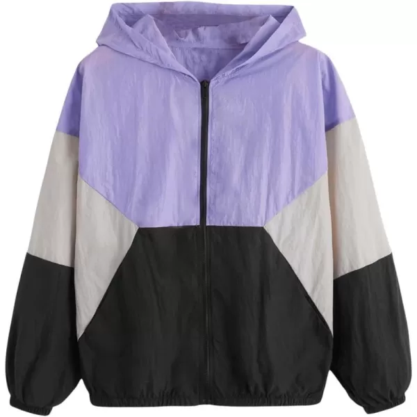 SweatyRocks Women's Casual Color Block Drawstring Hooded Windbreaker Jacket