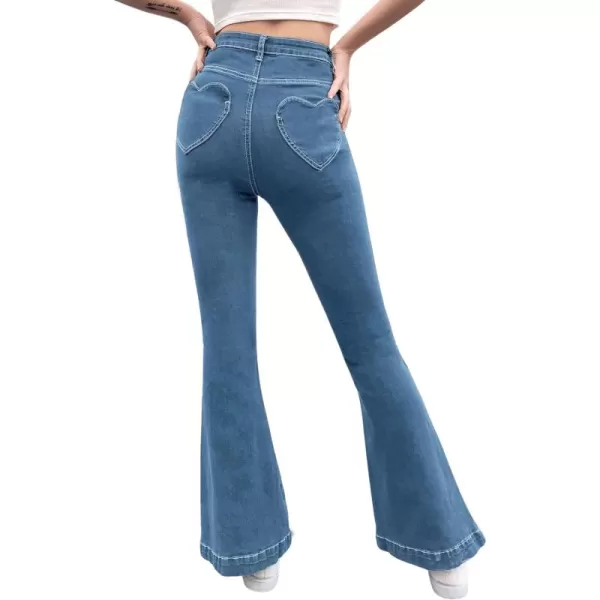 SweatyRocks Women's Casual Denim Pants Heart Print High Waist Stretchy Bell Bottom Flared Jeans