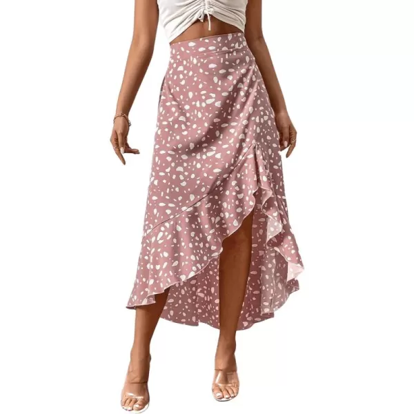 SweatyRocks Women's Casual Elastic Waist Asymmetrical High Low Ruffle Hem Printed Midi Skirt