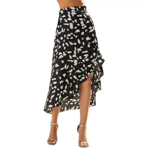 SweatyRocks Women's Casual Elastic Waist Asymmetrical High Low Ruffle Hem Printed Midi Skirt
