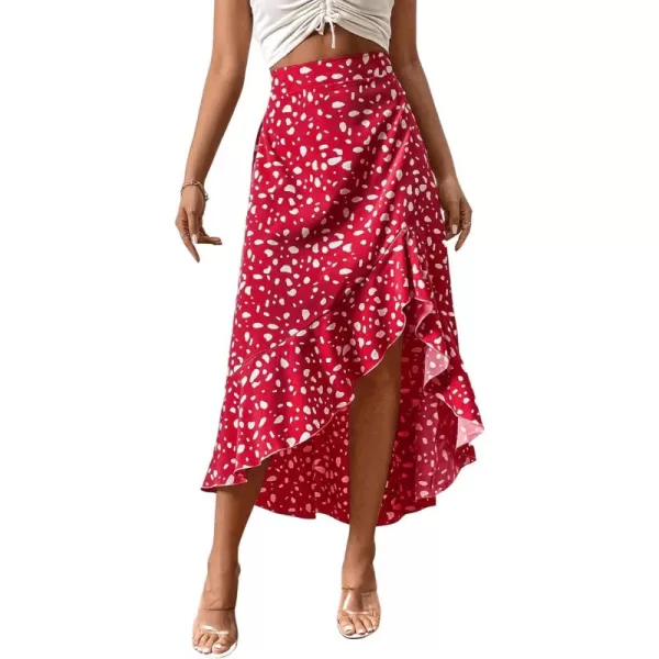 SweatyRocks Women's Casual Elastic Waist Asymmetrical High Low Ruffle Hem Printed Midi Skirt