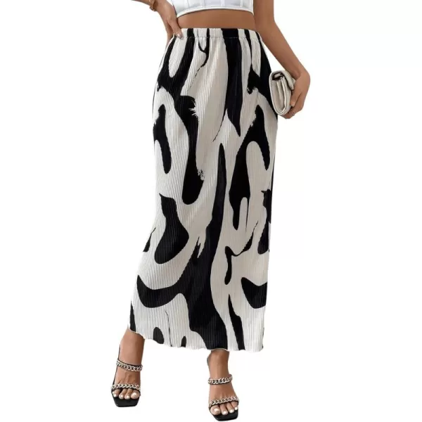 SweatyRocks Women's Casual Elastic Waist Graphic Print Skirt Straight Hem Ribbed Midi Skirts