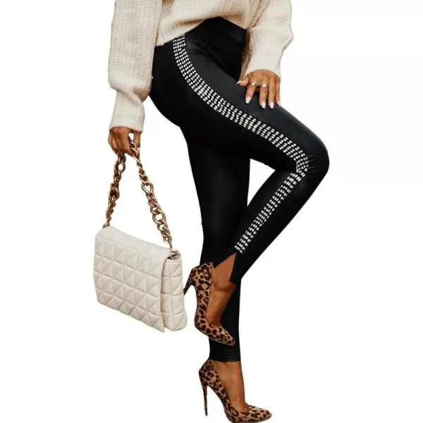SweatyRocks Women's Casual High Elastic Waist Leggings Rhinestone Side Skinny Pants Tights