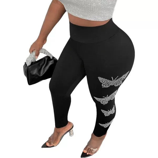 SweatyRocks Women's Casual High Elastic Waist Leggings Rhinestone Side Skinny Pants Tights