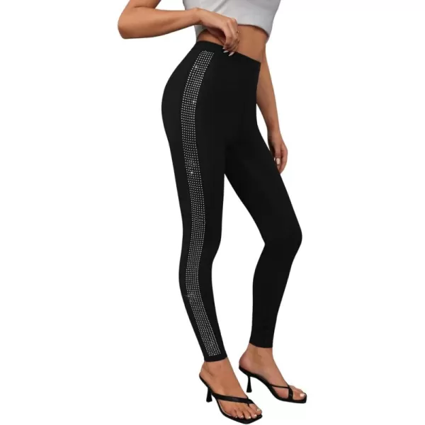 SweatyRocks Women's Casual High Elastic Waist Leggings Rhinestone Side Skinny Pants Tights