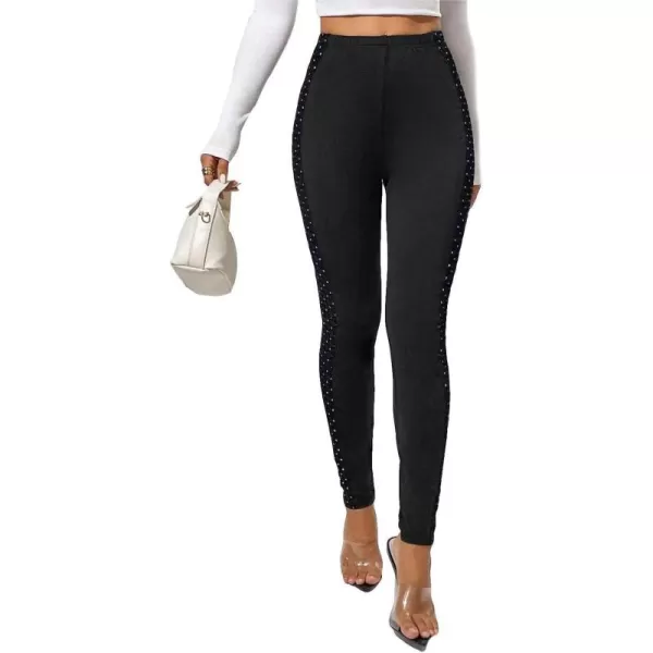 SweatyRocks Women's Casual High Elastic Waist Leggings Rhinestone Side Skinny Pants Tights