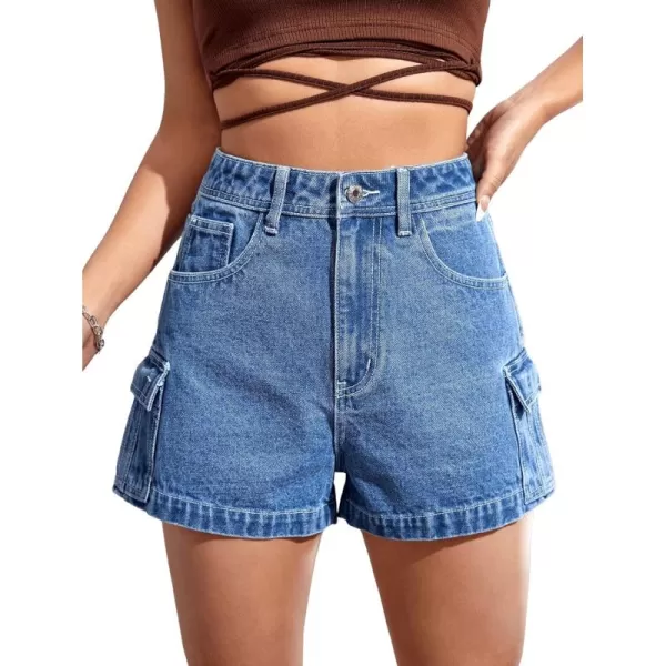 SweatyRocks Women's Casual High Rise Zip Up Denim Shorts Straight Leg Flap Pocket Jean Shorts
