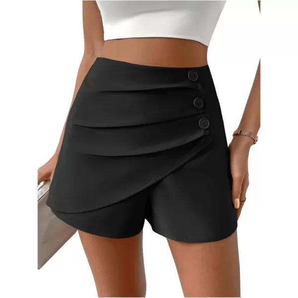 SweatyRocks Women's Casual High Waist Button Front Wrap Shorts Solid Ruched Skort Skirt