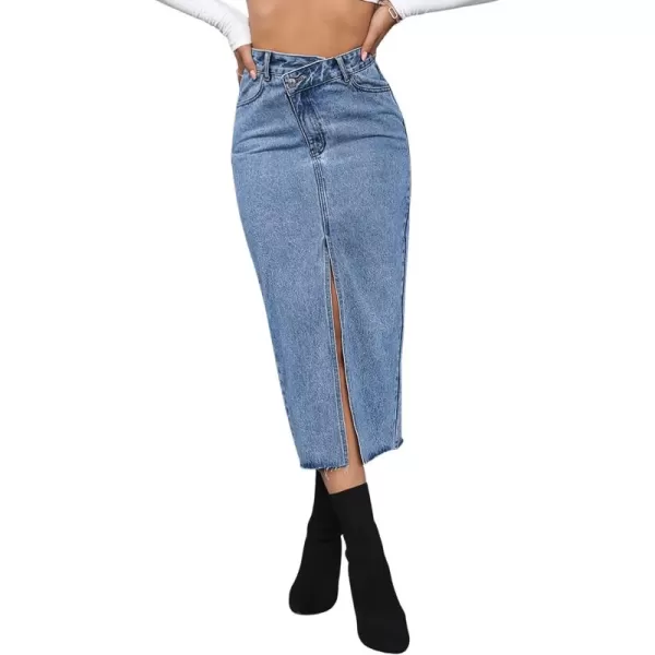 SweatyRocks Women's Casual High Waist Denim Skirt Split Hem Raw Trim Midi Jean Skirts