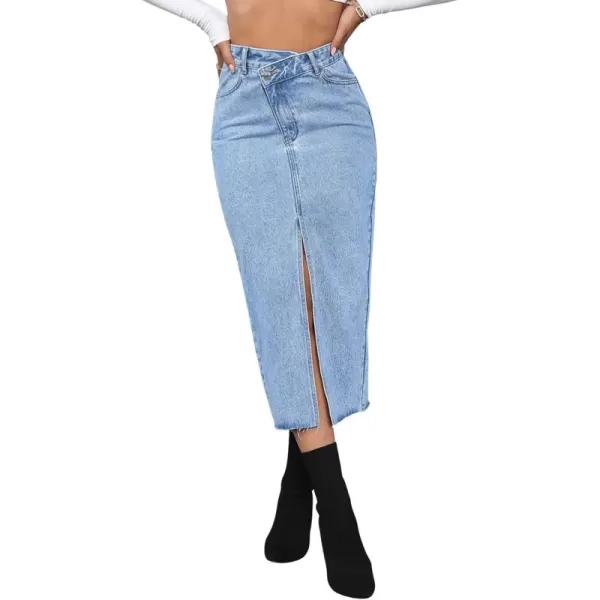 SweatyRocks Women's Casual High Waist Denim Skirt Split Hem Raw Trim Midi Jean Skirts