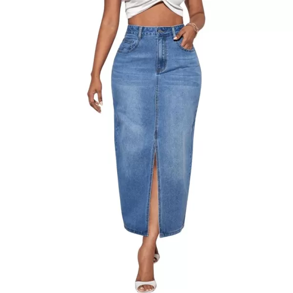 SweatyRocks Women's Casual High Waist Denim Skirt Split Hem Raw Trim Midi Jean Skirts