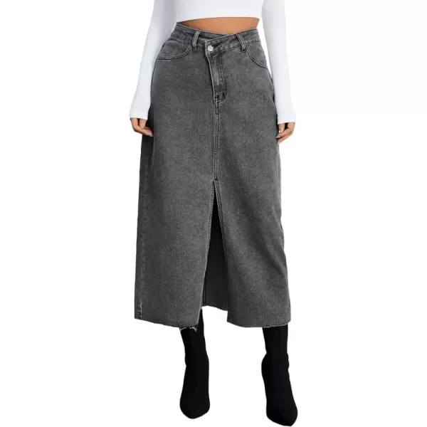 SweatyRocks Women's Casual High Waist Denim Skirt Split Hem Raw Trim Midi Jean Skirts