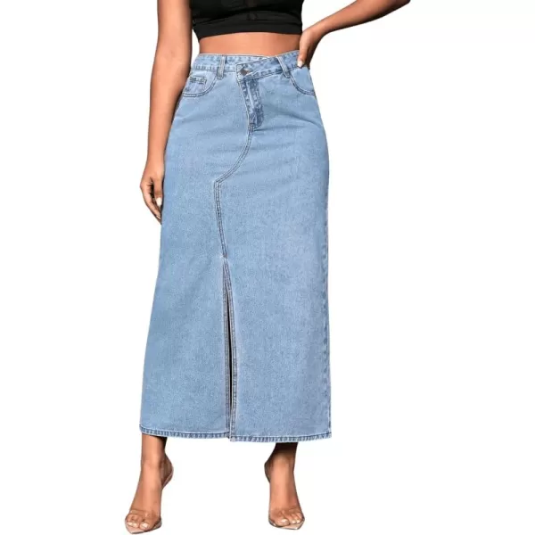 SweatyRocks Women's Casual High Waist Denim Skirt Split Hem Raw Trim Midi Jean Skirts