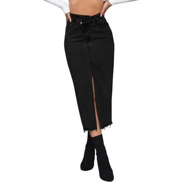 SweatyRocks Women's Casual High Waist Denim Skirt Split Hem Raw Trim Midi Jean Skirts