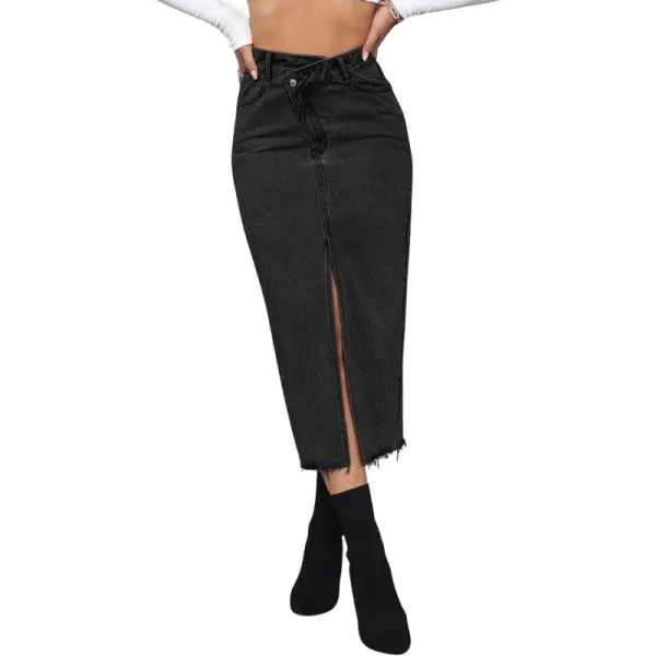 SweatyRocks Women's Casual High Waist Denim Skirt Split Hem Raw Trim Midi Jean Skirts