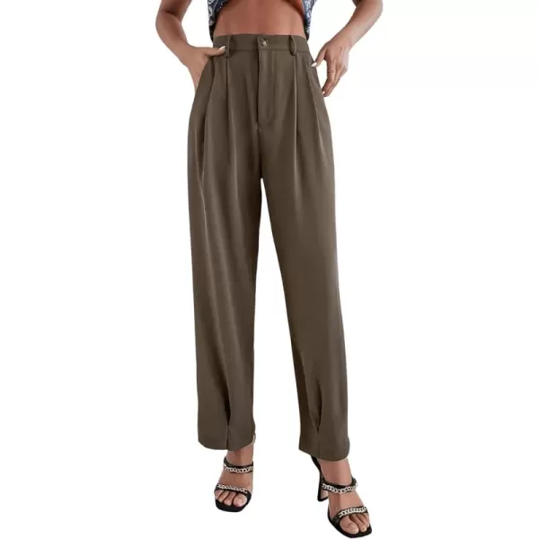 SweatyRocks Women's Casual High Waist Fold Pleated Straight Leg Trousers Work Pants with Pocket