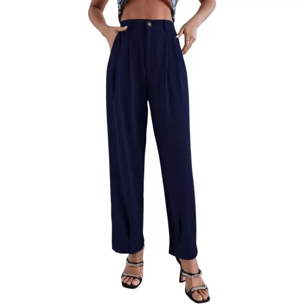 SweatyRocks Women's Casual High Waist Fold Pleated Straight Leg Trousers Work Pants with Pocket