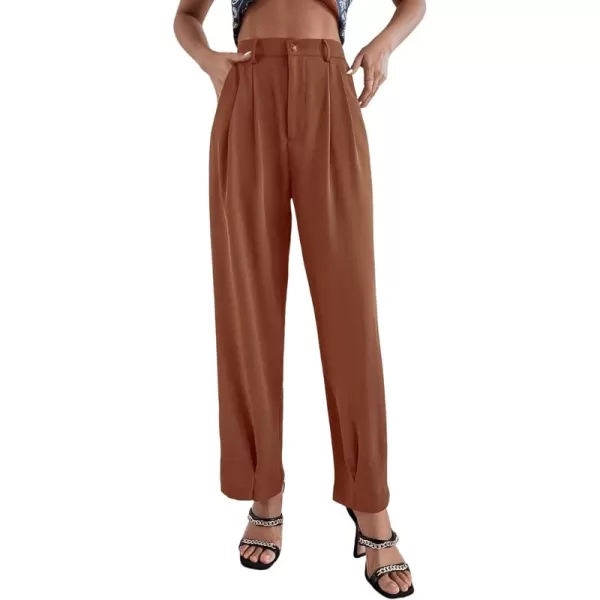 SweatyRocks Women's Casual High Waist Fold Pleated Straight Leg Trousers Work Pants with Pocket