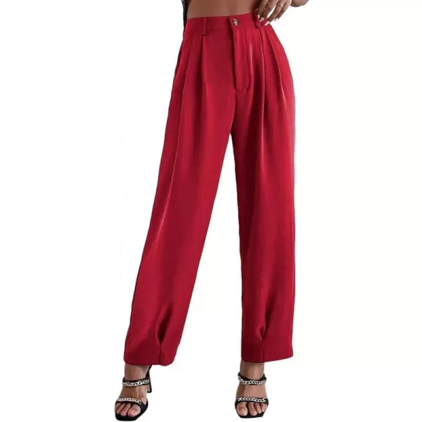 SweatyRocks Women's Casual High Waist Fold Pleated Straight Leg Trousers Work Pants with Pocket