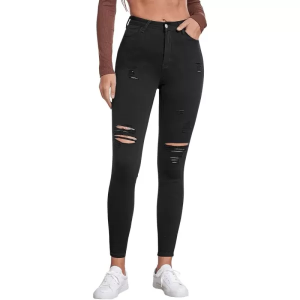 SweatyRocks Women's Casual High Waist Ripped Skinny Jeans Distressed Denim Pants