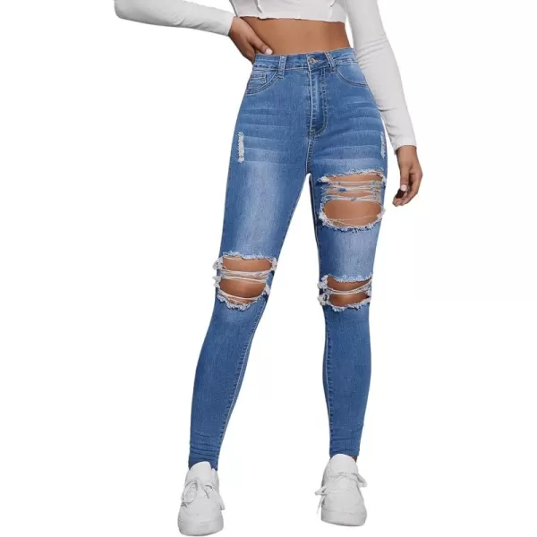 SweatyRocks Women's Casual High Waist Ripped Skinny Jeans Distressed Denim Pants
