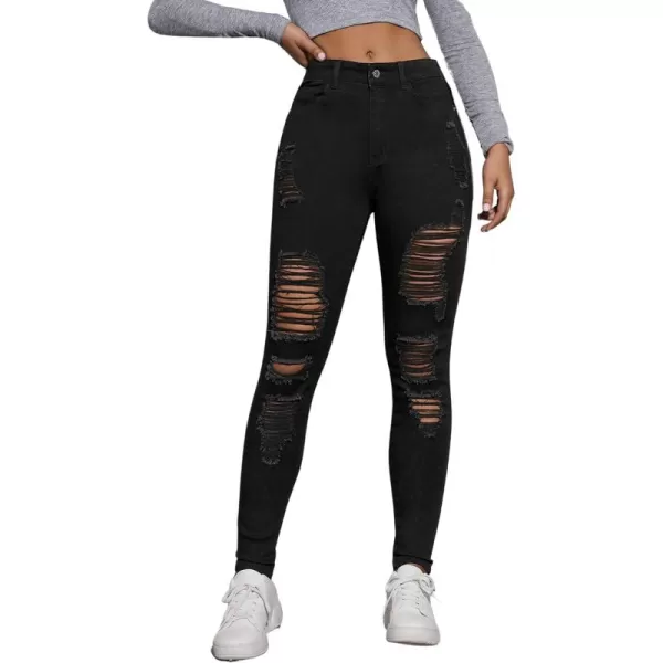 SweatyRocks Women's Casual High Waist Ripped Skinny Jeans Distressed Denim Pants